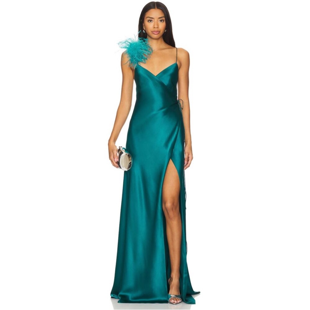 The Sei Wrap Gown w/ Detachable Ostrich Trim – Lagoon – Size 8